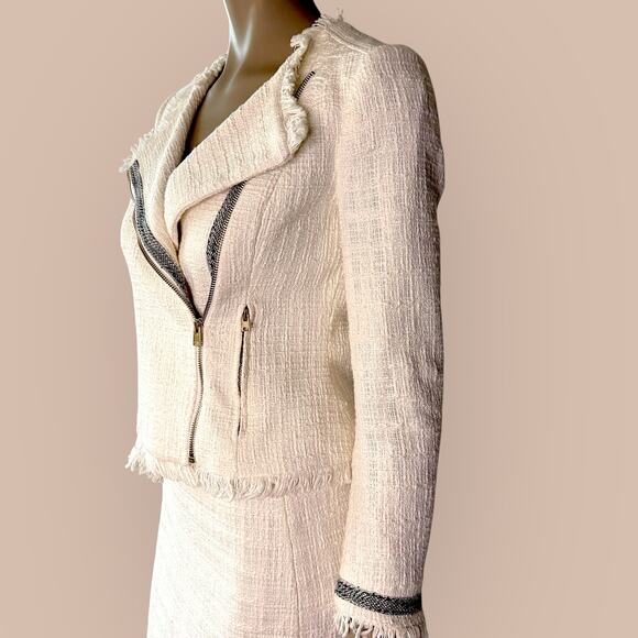 J. Crew Ivory Two Piece Suit Set Moto Jacket Skirt Women Size 2/4 Tweed Fringed - Picture 7 of 14